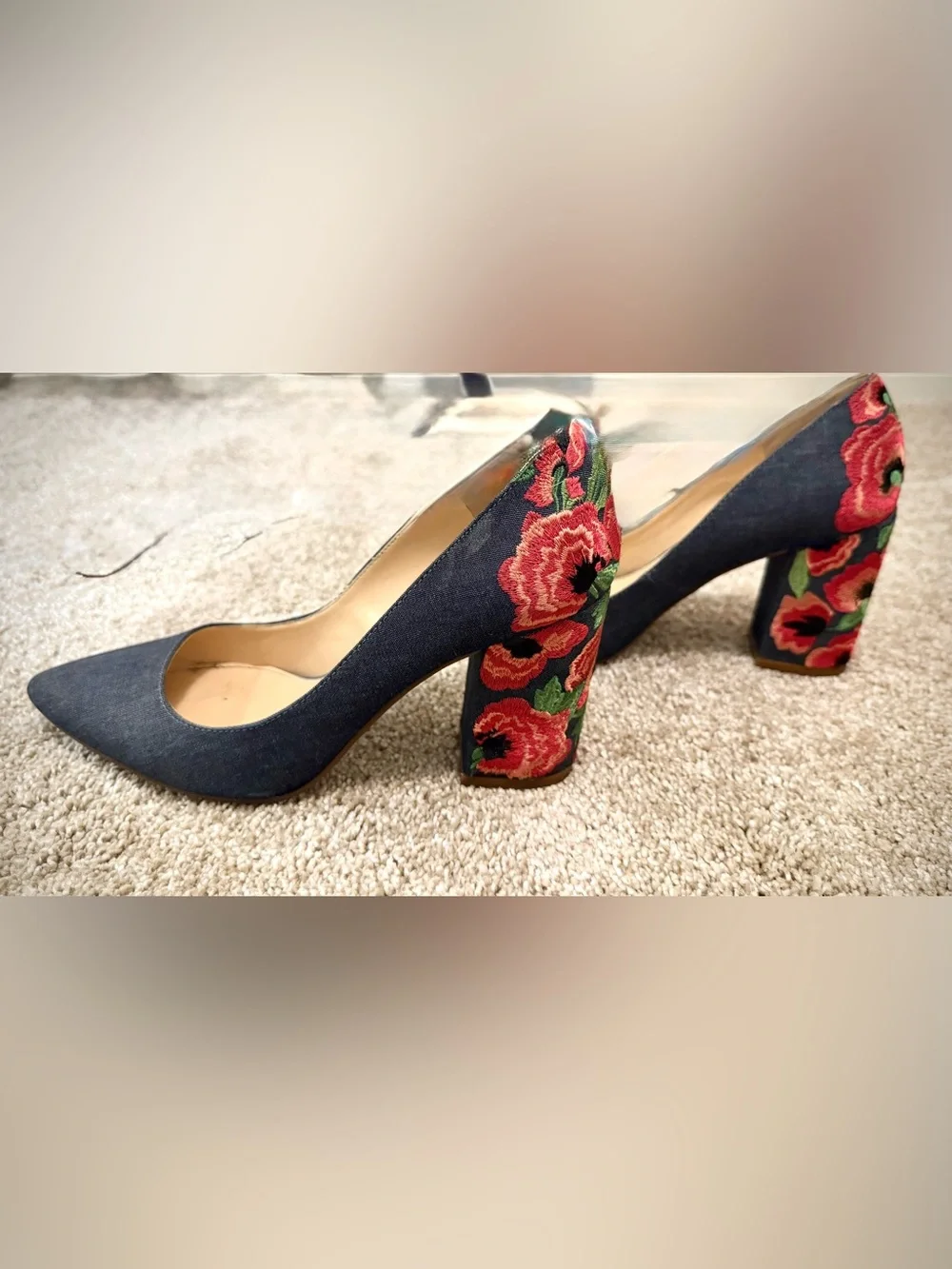 Embroidered Red Floral Block Heel Pumps - Women's